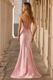 Strapless roze zeemeermin korset met pailletten lange galajurk met split