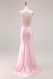 Roze Strapless Zeemeermin Korset Gesappliceerde Pailletten Lange Prom Jurk Met Split