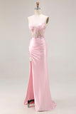 Roze Strapless Zeemeermin Korset Gesappliceerde Pailletten Lange Prom Jurk Met Split