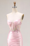 Roze Strapless Zeemeermin Korset Gesappliceerde Pailletten Lange Prom Jurk Met Split