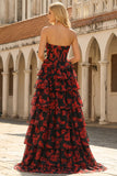 Zwarte Rode Bloem A-lijn Sweetheart Corset Lange Baljurk met ruches en split