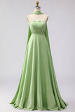 Groene witte stip Een lijn strapless geplooide converteerbare lange bruidsmeisjesjurk
