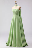 Groene witte stip Een lijn strapless geplooide converteerbare lange bruidsmeisjesjurk