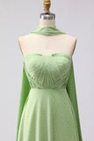 Groene witte stip Een lijn strapless geplooide converteerbare lange bruidsmeisjesjurk