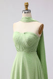 Groene witte stip Een lijn strapless geplooide converteerbare lange bruidsmeisjesjurk