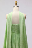 Groene witte stip Een lijn strapless geplooide converteerbare lange bruidsmeisjesjurk