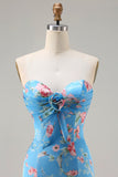 Blauwe bloemenzeemeermin Sweetheart lange galajurk met ruches en split