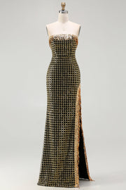 Glinsterend zwart gouden strapless sheath met pailletten met kralenbezette lange galajurk met split