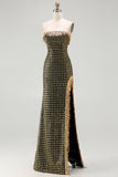 Glinsterend zwart gouden strapless sheath met pailletten met kralenbezette lange galajurk met split