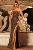 Glinsterende zwarte gouden schede strapless pailletten pailletten lange galajurk met split