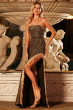 Glinsterende zwarte gouden schede strapless pailletten pailletten lange galajurk met split