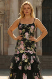 Zwarte roze bloemenzeemeermin lange plus-size galajurk met ruches en kant op de rug