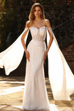 Witte kralenversierde Sweetheart Zeemeermin Baskische taille pailletten lange galajurk met cape