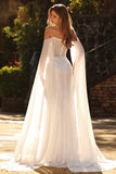 Witte kralenversierde Sweetheart Zeemeermin Baskische taille pailletten lange galajurk met cape