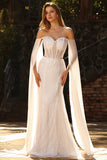Witte kralenversierde Sweetheart Zeemeermin Baskische taille pailletten lange galajurk met cape