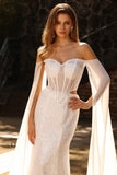 Witte kralenversierde Sweetheart Zeemeermin Baskische taille pailletten lange galajurk met cape