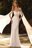 Witte kralenversierde Sweetheart Zeemeermin Baskische taille pailletten lange galajurk met cape