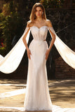 Witte kralenversierde Sweetheart Zeemeermin Baskische taille pailletten lange galajurk met cape