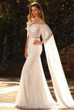 Witte kralenversierde Sweetheart Zeemeermin Baskische taille pailletten lange galajurk met cape