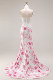 Witte Fuchsia Bloem Kant Korset Zeemeermin Lange Galajurk