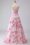 Witte Fuchsia Flower strapless geplooide A-lijn lange galajurk met ruches