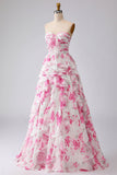 Witte Fuchsia Flower strapless geplooide A-lijn lange galajurk met ruches