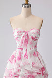 Witte Fuchsia Flower strapless geplooide A-lijn lange galajurk met ruches