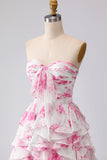 Witte Fuchsia Flower strapless geplooide A-lijn lange galajurk met ruches