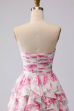 Witte Fuchsia Flower strapless geplooide A-lijn lange galajurk met ruches