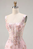 Roze korset pailletten A-lijn bloemenjurk met lange galajurk met borduurwerk