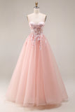 Blush appliqueerde A-lijn tule korset spaghetti bandjes lange galajurk