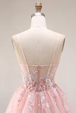 Blush appliqueerde A-lijn tule korset spaghetti bandjes lange galajurk