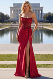 Bordeauxrode strapless kralenkorset satijnen galajurk met split