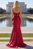 Bordeauxrode strapless kralenkorset satijnen galajurk met split