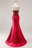 Bordeauxrode strapless kralenkorset satijnen galajurk met split