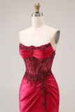 Bordeauxrode strapless kralenkorset satijnen galajurk met split
