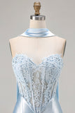Blauwe zeemeermin korset Sweetheart Convertible lange satijnen galajurk met slinger