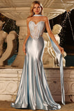 Blauwe Zeemeermin Corset Sweetheart Tweedelige lange satijnen galajurk met een halsdoek