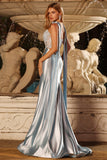 Blauwe Zeemeermin Corset Sweetheart Tweedelige lange satijnen galajurk met een halsdoek