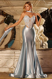 Blauwe Zeemeermin Corset Sweetheart Tweedelige lange satijnen galajurk met een halsdoek