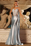 Blauwe Zeemeermin Corset Sweetheart Tweedelige lange satijnen galajurk met een halsdoek