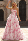 Witte Fuchsia Bloem strapless Baskische taille A-lijn lange galajurk