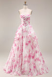 Witte Fuchsia Bloem strapless Baskische taille A-lijn lange galajurk