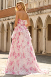 Witte Fuchsia Bloem strapless Baskische taille A-lijn lange galajurk