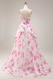 Witte Fuchsia Bloem strapless Baskische taille A-lijn lange galajurk
