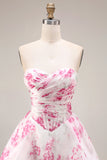 Witte Fuchsia Bloem strapless Baskische taille A-lijn lange galajurk