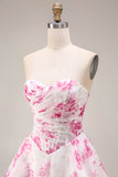Witte Fuchsia Bloem strapless Baskische taille A-lijn lange galajurk