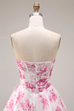 Witte Fuchsia Bloem strapless Baskische taille A-lijn lange galajurk
