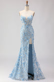 Blauwe zeemeermin strapless korset 3D bloemen pailletten lange galajurk met split