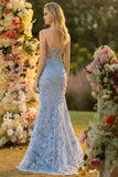 Blauwe zeemeermin strapless korset 3D bloemen pailletten lange galajurk met split